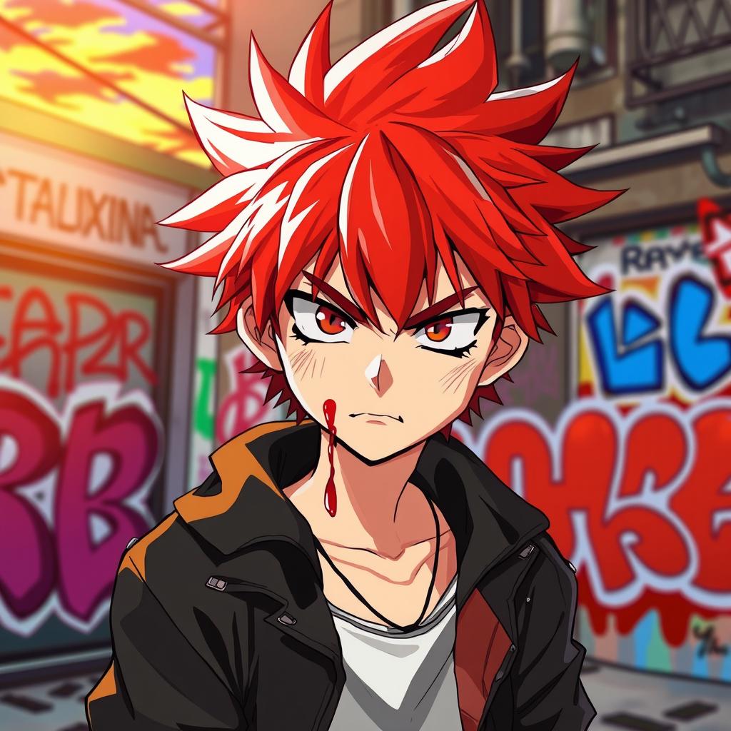 An anime boy with bright red spiky hair, displaying an annoyed expression, with blood dribbling from the corner of his mouth