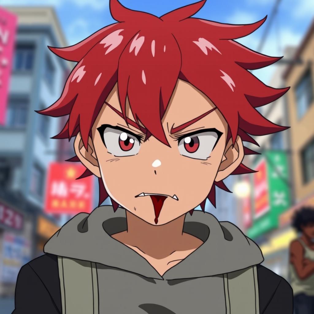 An anime boy with vibrant red hair, looking visibly annoyed with a frown on his face