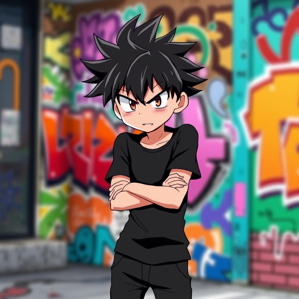An anime boy with spiky hair styled in a slightly messy fashion, expressing annoyance