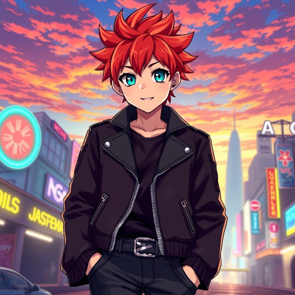 An anime-style boy with vibrant red hair, styled in a spiky fashion, wearing a trendy black jacket adorned with silver details, and dark jeans