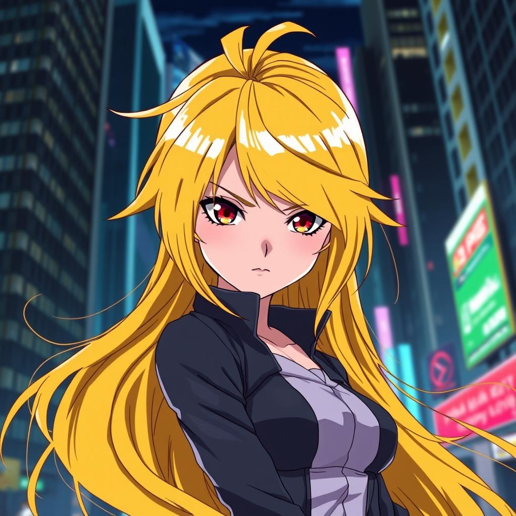 An anime girl with long, flowing yellow hair styled elegantly, wearing a serious expression on her face