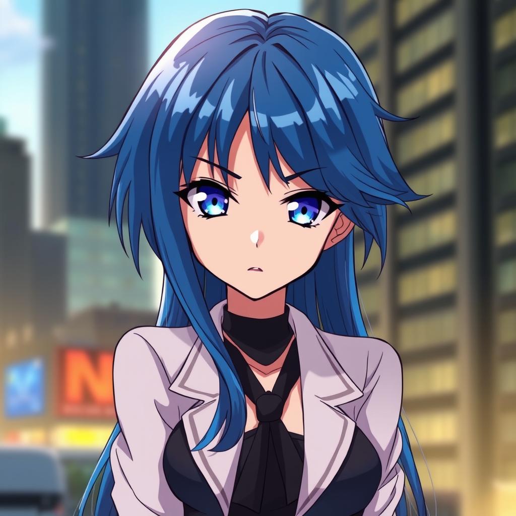 An anime girl with striking long blue hair, styled elegantly, her expression serious and focused, wearing a stylish outfit that complements her hair