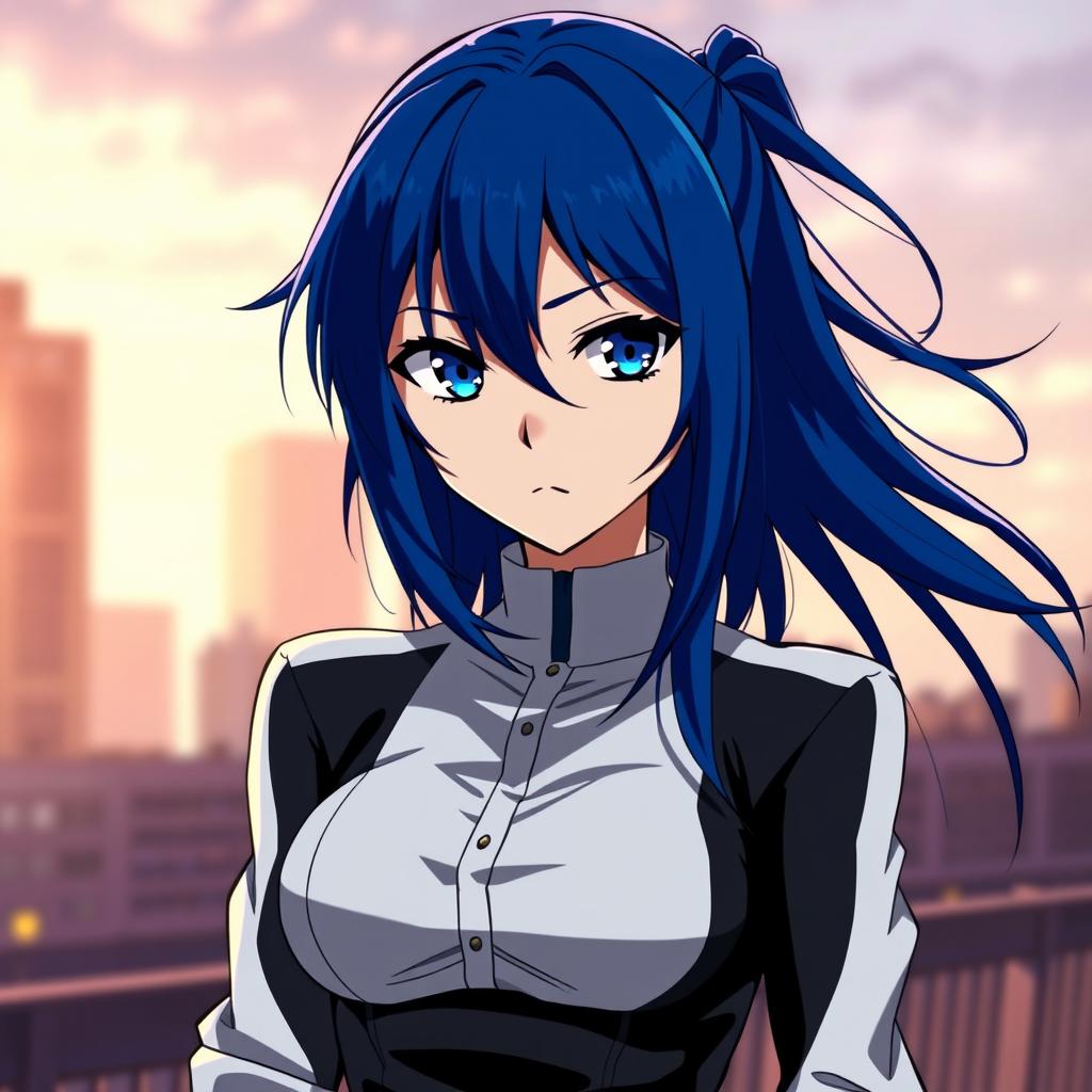 A serious anime girl with long blue hair, wearing a sleek and modern outfit, standing confidently