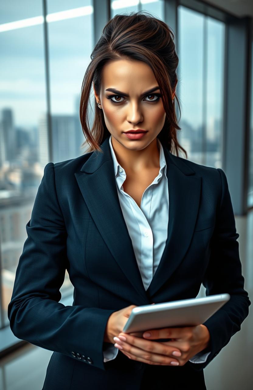 A powerful businesswoman exuding confidence and authority in a sleek modern office environment