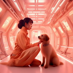 A woman and her pet in a retro futuristic Japanese setting, with bright yet light colors. Showcase an epic composition in a photographic style akin to Mario Testino, emphasizing high detail.