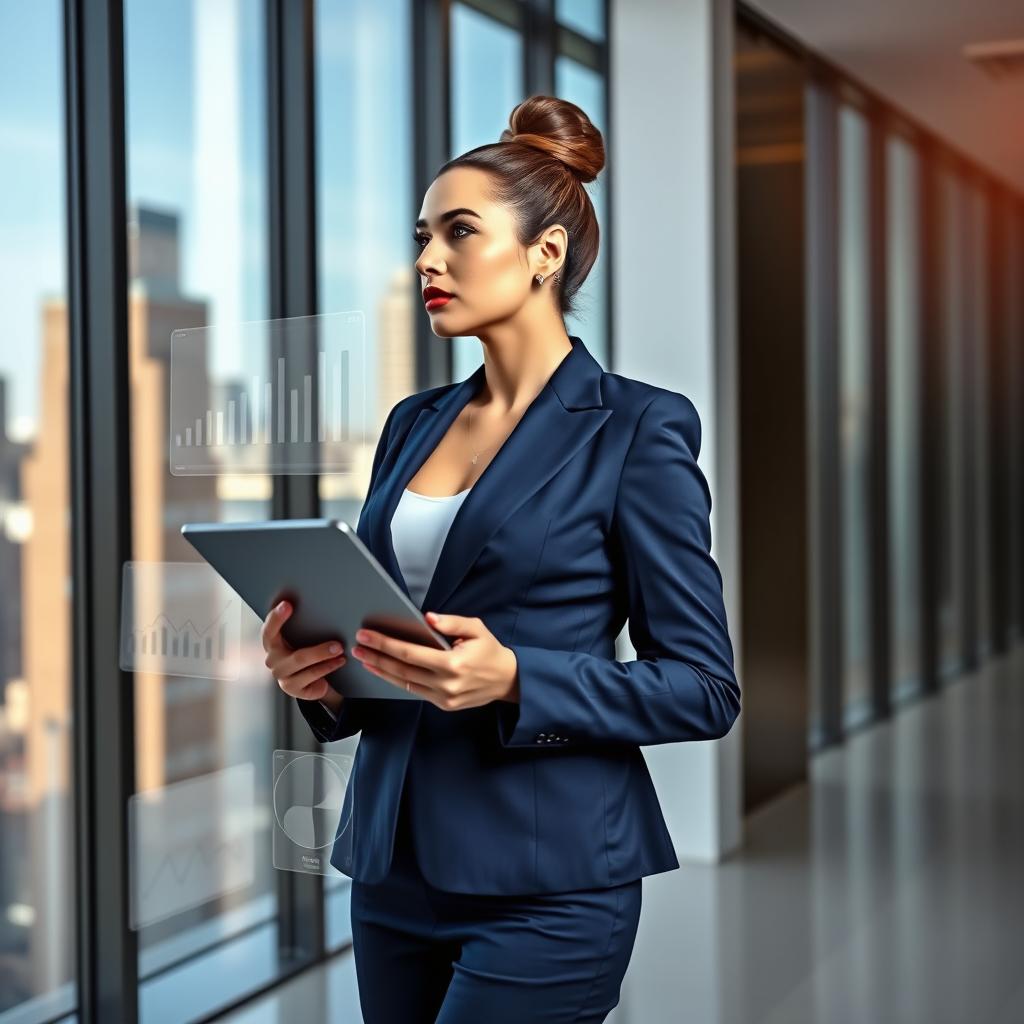 A powerful and confident female executive in a modern office environment