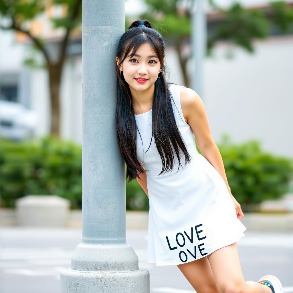 A beautiful Korean woman with long straight black hair tied in a ponytail, wearing a short white dress featuring the word "LOVE" at the bottom