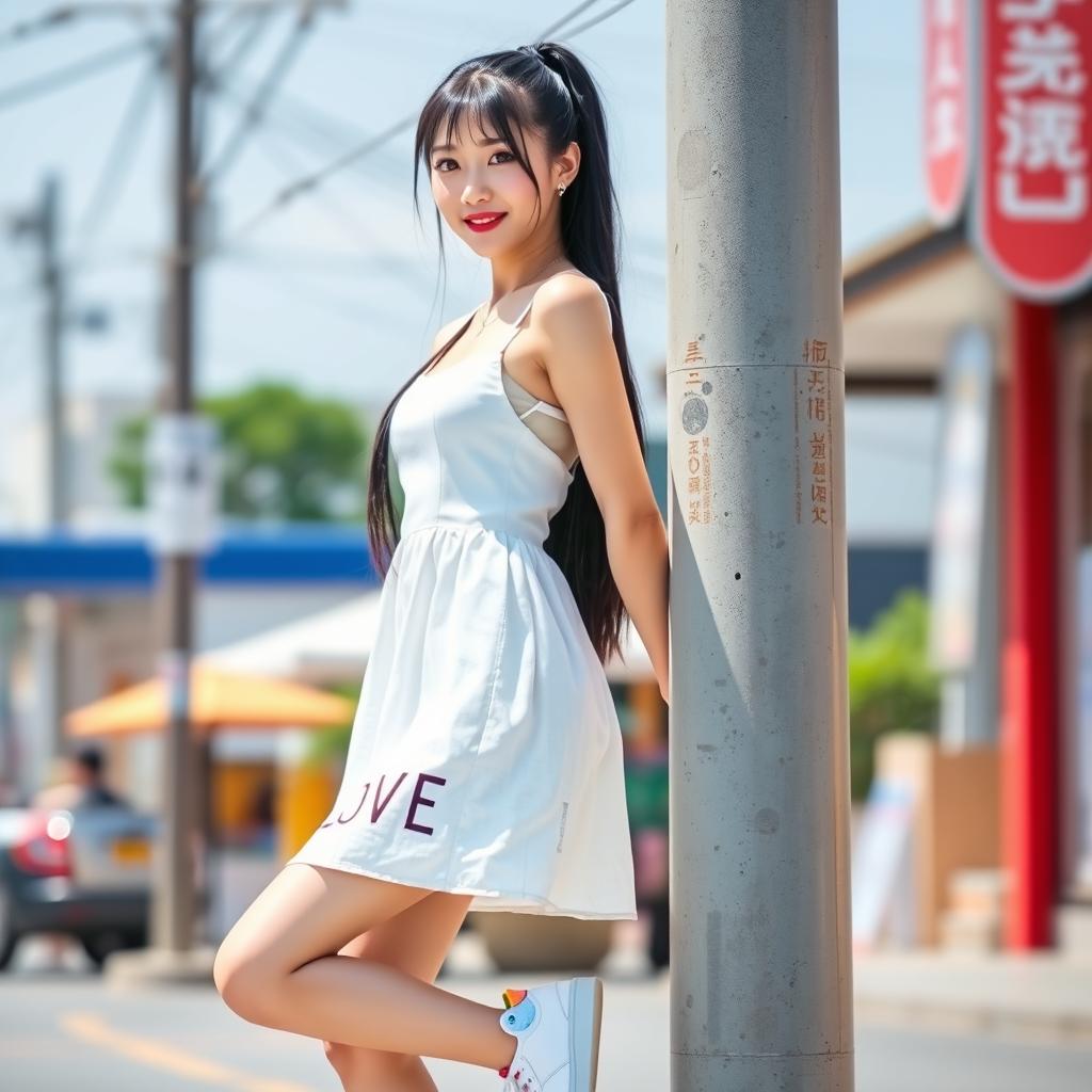 A beautiful sweet Korean woman with long straight black hair tied in a ponytail, wearing a short white dress with the word "LOVE" printed at the bottom