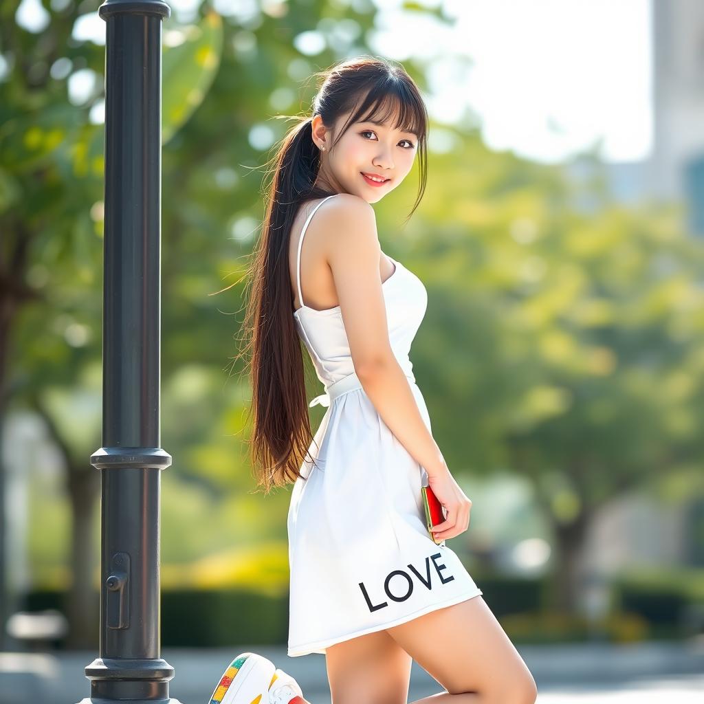 A beautiful Korean woman with long straight black hair tied in a ponytail, wearing a short white dress with the word "LOVE" printed on the bottom