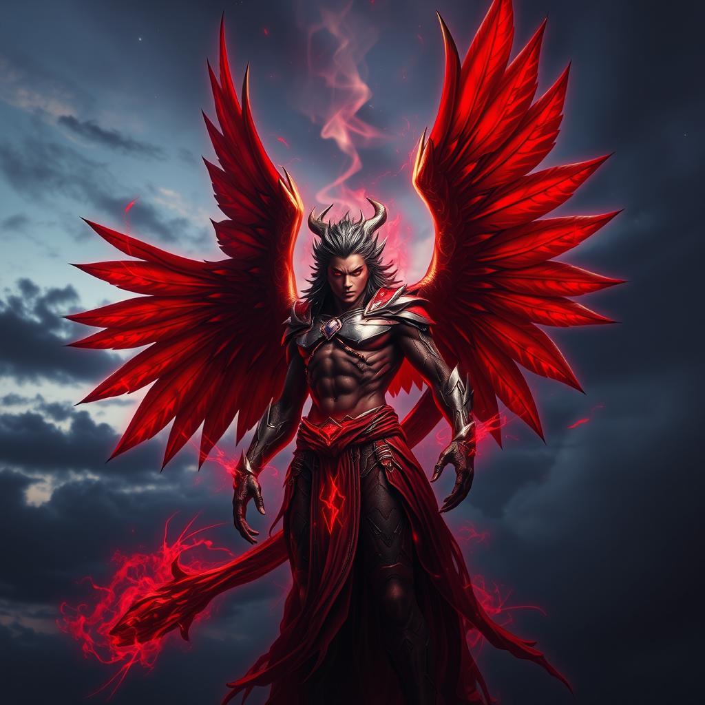 A majestic, powerful figure representing the spirit of Alpha, adorned with blood-red wings that appear both fierce and ethereal