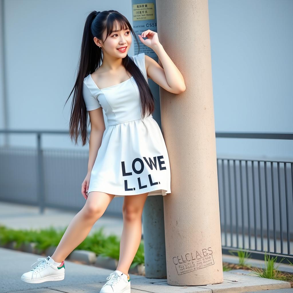 A beautiful sweet Korean woman with long straight black hair styled in a ponytail