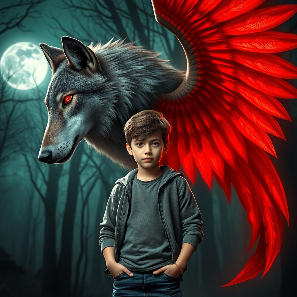 An image of a young boy standing confidently, with a majestic Alpha wolf spirit hovering behind him