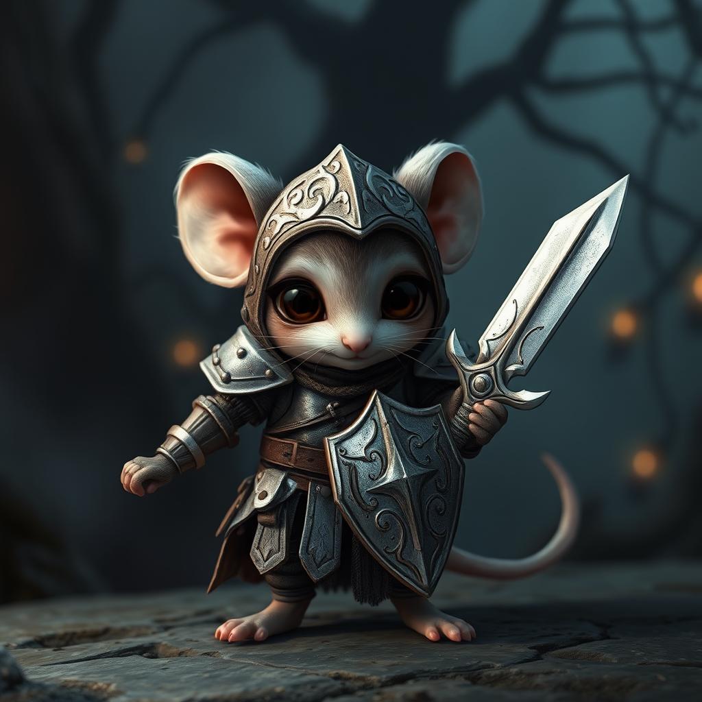 A small knight mouse character inspired by Dark Souls, wearing medieval armor with intricate details, holding a tiny sword and shield, standing heroically against a dark, atmospheric background
