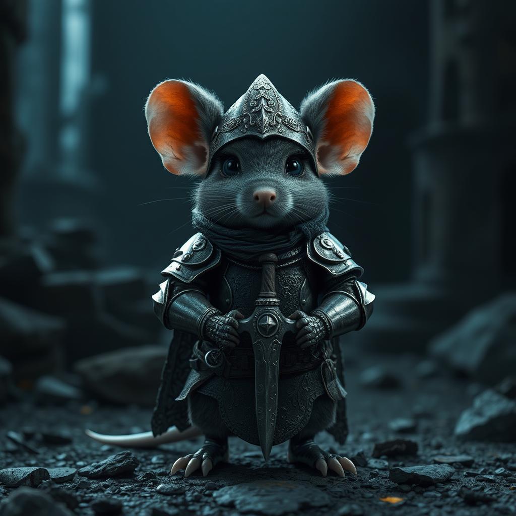 A small knight mouse in the style of Dark Souls, highly detailed and serious