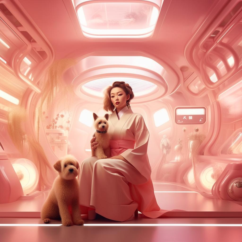 A woman and her pet in a retro futuristic Japanese setting, with bright yet light colors. Showcase an epic composition in a photographic style akin to Mario Testino, emphasizing high detail.