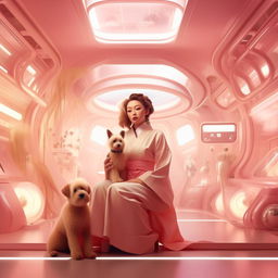 A woman and her pet in a retro futuristic Japanese setting, with bright yet light colors. Showcase an epic composition in a photographic style akin to Mario Testino, emphasizing high detail.