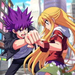An intense anime scene featuring a striking purple-haired boy delivering a powerful punch to a long yellow-haired girl in a dynamic action pose