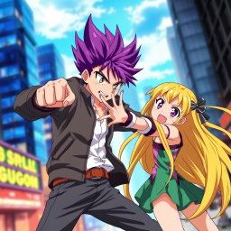 An intense anime scene featuring a striking purple-haired boy delivering a powerful punch to a long yellow-haired girl in a dynamic action pose