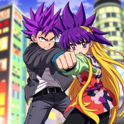 An intense anime scene featuring a striking purple-haired boy delivering a powerful punch to a long yellow-haired girl in a dynamic action pose