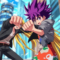 An intense anime scene featuring a striking purple-haired boy delivering a powerful punch to a long yellow-haired girl in a dynamic action pose