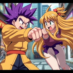 A dynamic scene depicting an anime boy with striking purple hair delivering a powerful punch to an anime girl with long, flowing yellow hair, who is shown mid-action, reacting to the impact