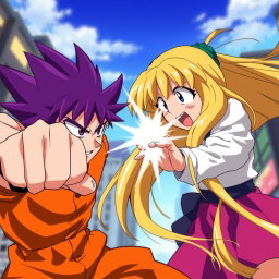 A dynamic scene depicting an anime boy with striking purple hair delivering a powerful punch to an anime girl with long, flowing yellow hair, who is shown mid-action, reacting to the impact