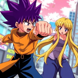A dynamic scene depicting an anime boy with striking purple hair delivering a powerful punch to an anime girl with long, flowing yellow hair, who is shown mid-action, reacting to the impact