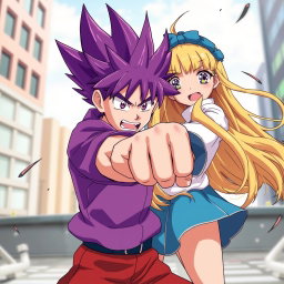 A dynamic scene depicting an anime boy with striking purple hair delivering a powerful punch to an anime girl with long, flowing yellow hair, who is shown mid-action, reacting to the impact