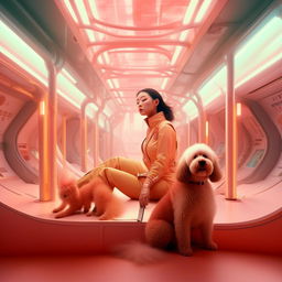 A woman and her pet in a retro futuristic Japanese setting, with bright yet light colors. Showcase an epic composition in a photographic style akin to Mario Testino, emphasizing high detail.