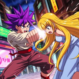 An intense anime scene featuring a striking anime boy with vibrant purple hair, showcasing a strong stance as he delivers a powerful punch to an anime girl with long, flowing yellow hair, who's bending slightly forward from the impact