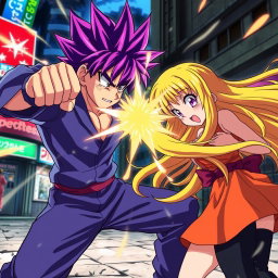 An intense anime scene featuring a striking anime boy with vibrant purple hair, showcasing a strong stance as he delivers a powerful punch to an anime girl with long, flowing yellow hair, who's bending slightly forward from the impact