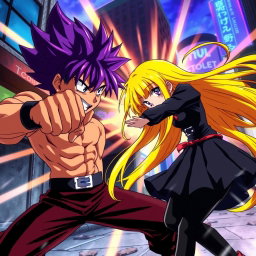 An intense anime scene featuring a striking anime boy with vibrant purple hair, showcasing a strong stance as he delivers a powerful punch to an anime girl with long, flowing yellow hair, who's bending slightly forward from the impact