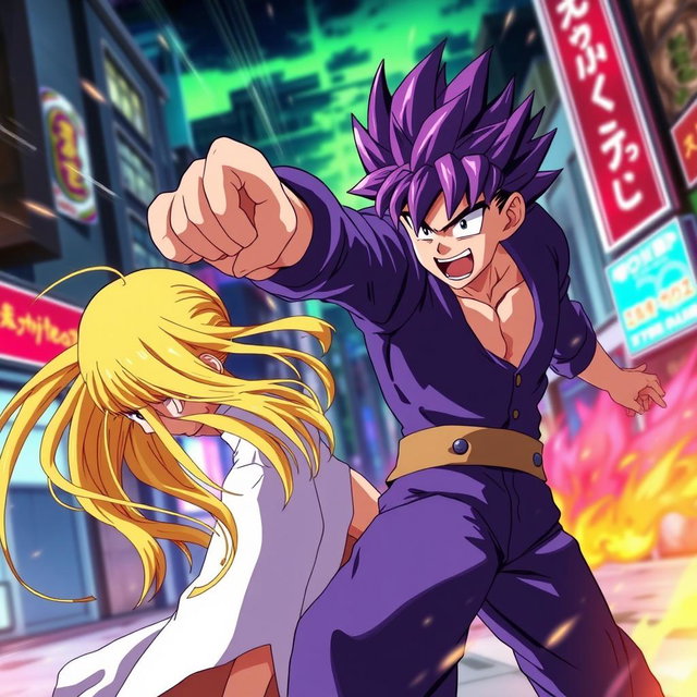 An intense anime scene featuring a striking anime boy with vibrant purple hair, showcasing a strong stance as he delivers a powerful punch to an anime girl with long, flowing yellow hair, who's bending slightly forward from the impact