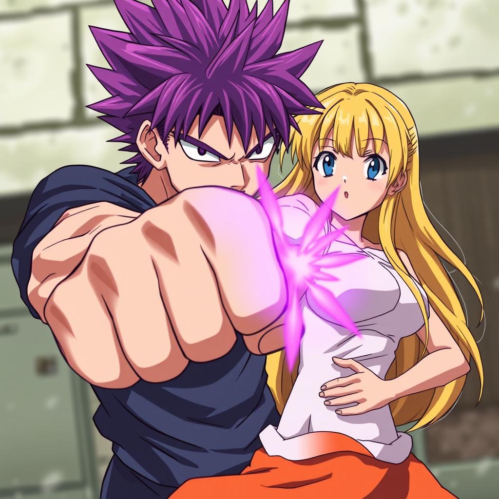 A dynamic anime scene featuring a serious-looking anime boy with vibrant purple hair, delivering a powerful punch to an anime girl with long, flowing yellow hair, striking her in the stomach