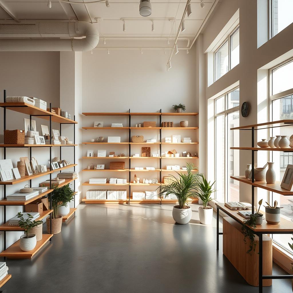 A beautifully arranged minimal store interior, featuring clean lines and an organized layout