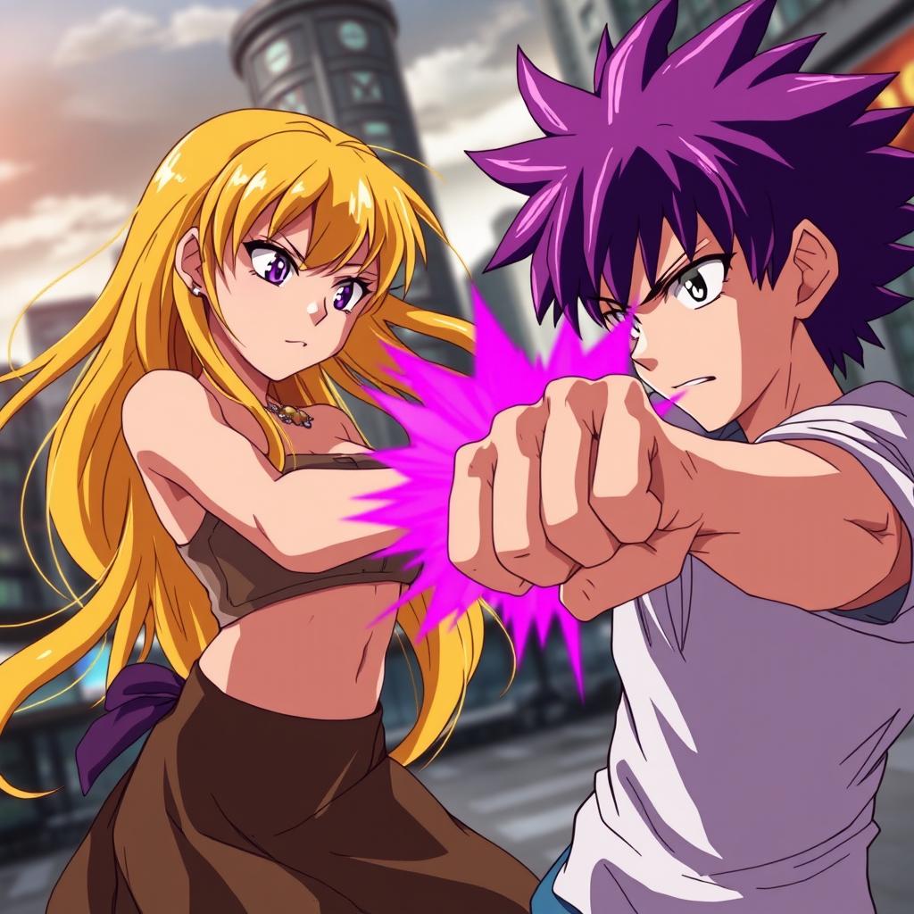 An intense scene featuring an anime boy with vivid purple hair delivering a powerful punch to an anime girl with long, flowing yellow hair