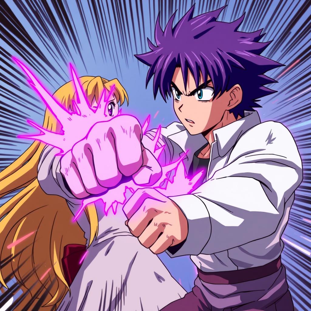 An anime scene depicting a dramatic moment where a serious-looking anime boy with purple hair is delivering a powerful punch to an anime girl with long yellow hair in the stomach