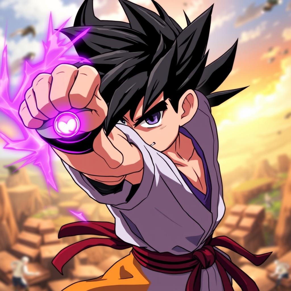 An anime boy with spiky black hair, striking a dynamic fighting stance