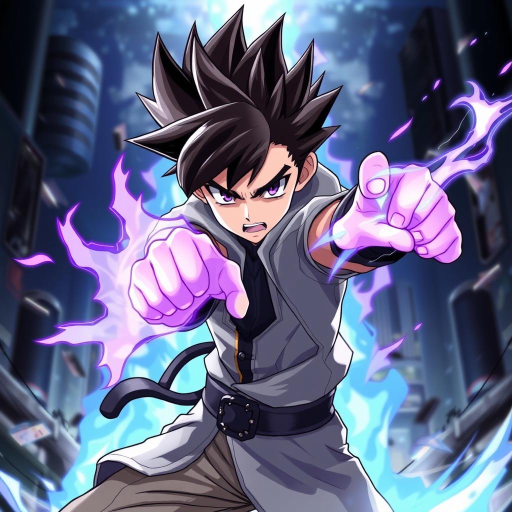 An anime boy striking a dynamic fighting stance, showcasing a powerful purple aura emanating from his arm, symbolizing energy and strength