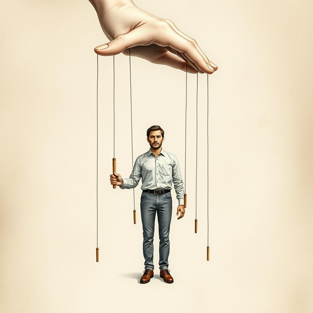 A beautifully detailed hand-drawn or oil-painted illustration for a book cover featuring a man standing in the center, gently controlled by wooden sticks and thin, subtle strings attached to his wrists and shoulders, resembling a marionette