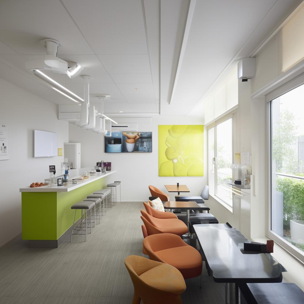 A relaxation-filled break room in a dental clinic for staff to unwind. The room includes comfortable sofas, a coffee station, a snack bar, a refrigerator, soothing wall paintings, and plenty of natural light.