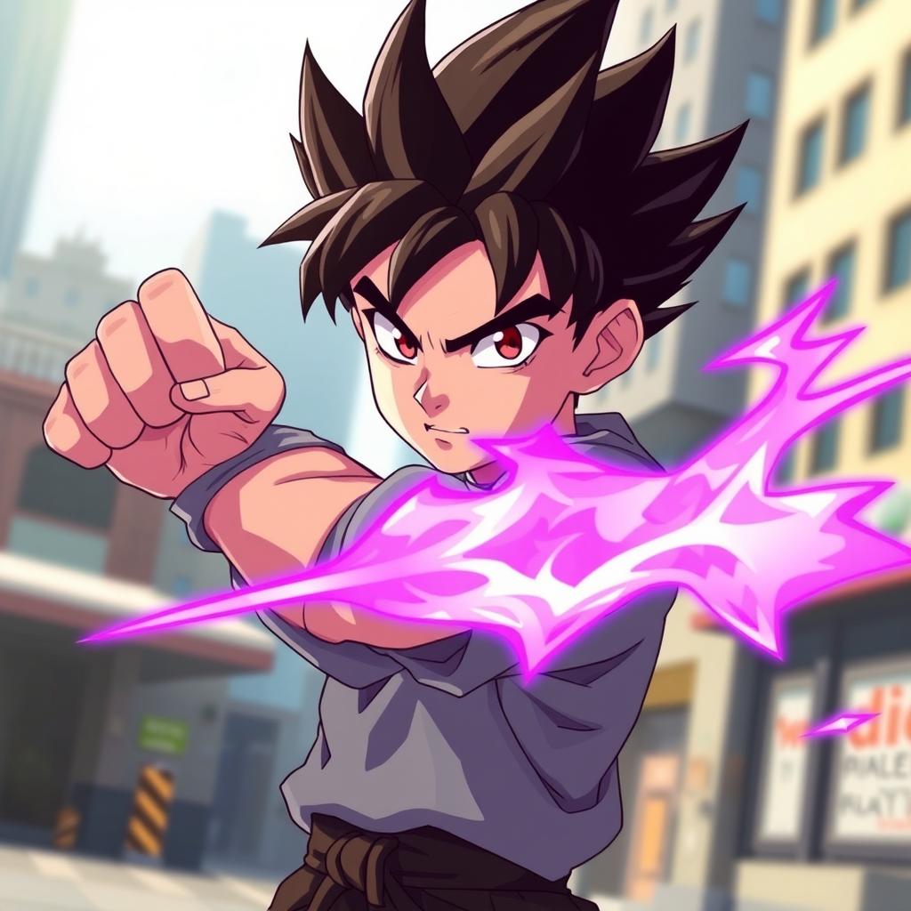 An anime boy with a determined expression, featuring spiky hair and expressive eyes, stands in a dynamic fighting stance