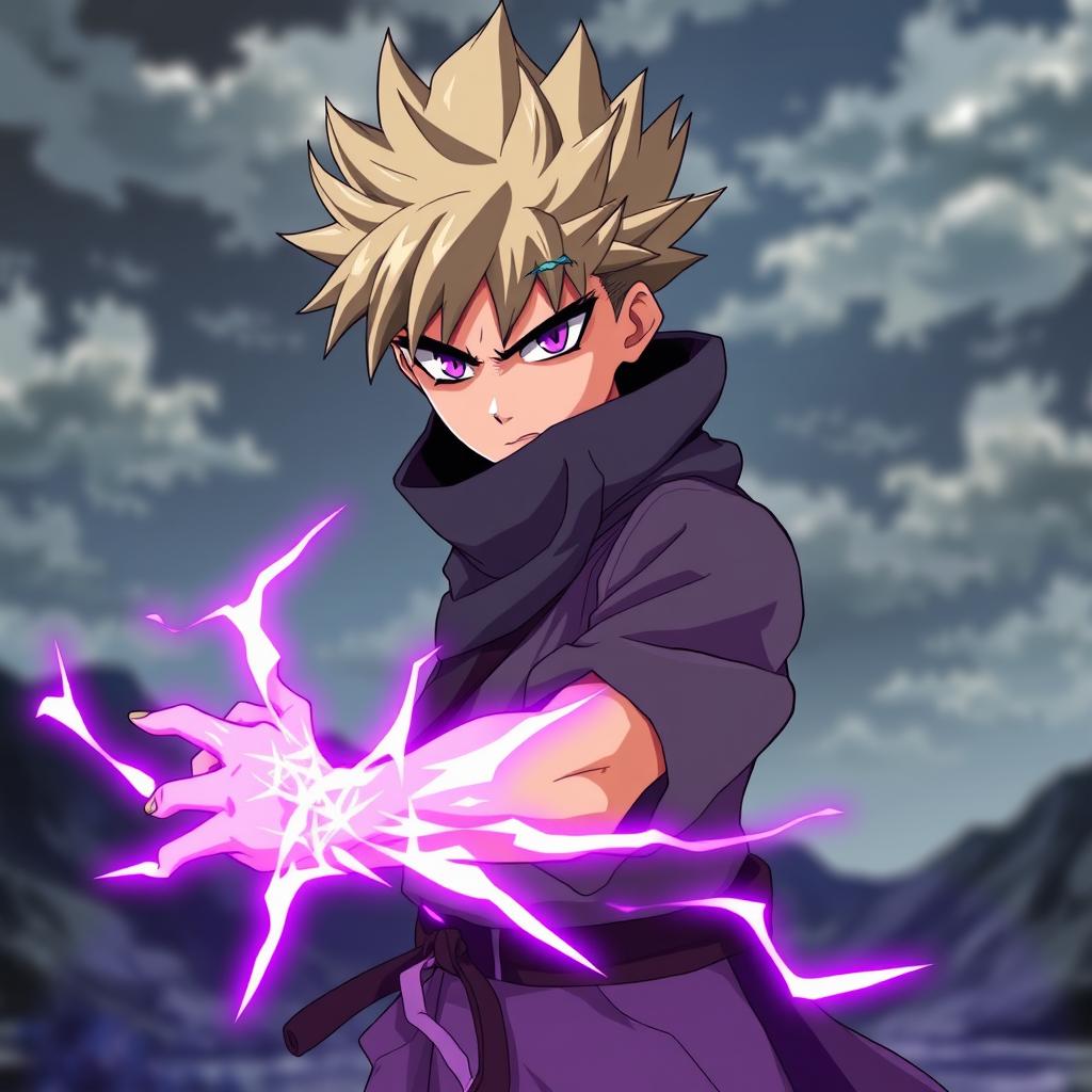 An anime boy with spiky hair and intense purple eyes, standing in a powerful fighting stance