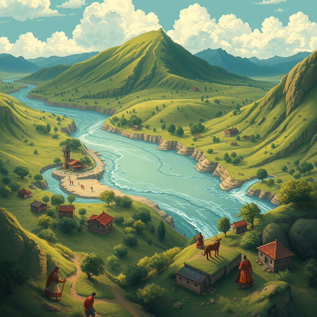 Uma ilustração rica e detalhada do Rio Eufrates, representando uma jornada histórica e profética