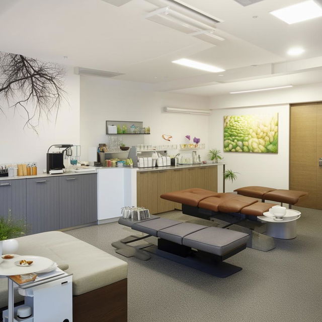 A relaxation-filled break room in a dental clinic for staff to unwind. The room includes comfortable sofas, a coffee station, a snack bar, a refrigerator, soothing wall paintings, and plenty of natural light.