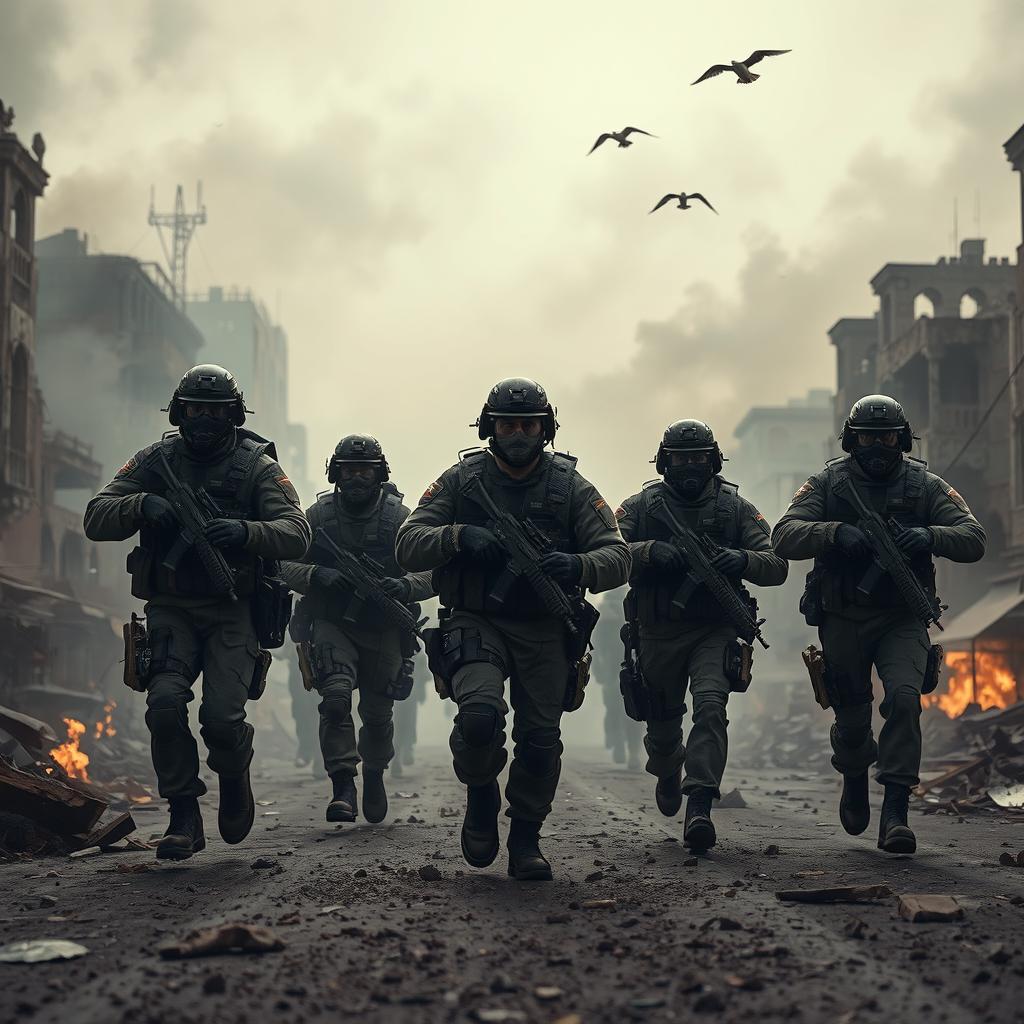 A group of heavily armed soldiers in full tactical gear confidently advancing through a war-torn cityscape