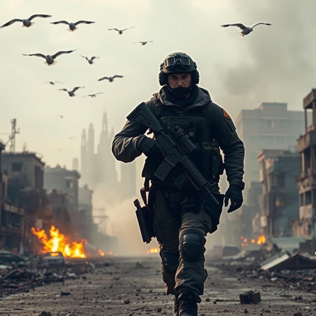 A heavily armed soldier in full tactical gear, walking through a war-torn cityscape filled with destroyed buildings, smoke, fire, and debris scattered on the streets