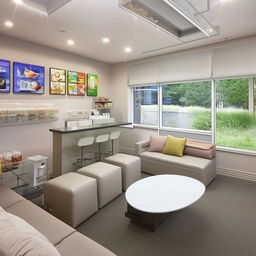 A relaxation-filled break room in a dental clinic for staff to unwind. The room includes comfortable sofas, a coffee station, a snack bar, a refrigerator, soothing wall paintings, and plenty of natural light.