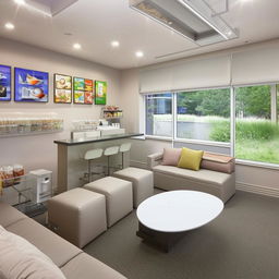 A relaxation-filled break room in a dental clinic for staff to unwind. The room includes comfortable sofas, a coffee station, a snack bar, a refrigerator, soothing wall paintings, and plenty of natural light.