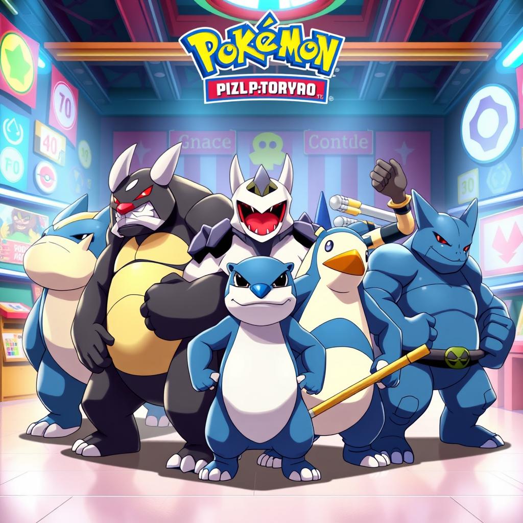 A vibrant and dynamic Pokemon gym scene featuring six powerful Pokemon: Primape, Heracross, Machamp, Poliwrath, Pangoro, and Hariyama, all standing together in a heroic pose